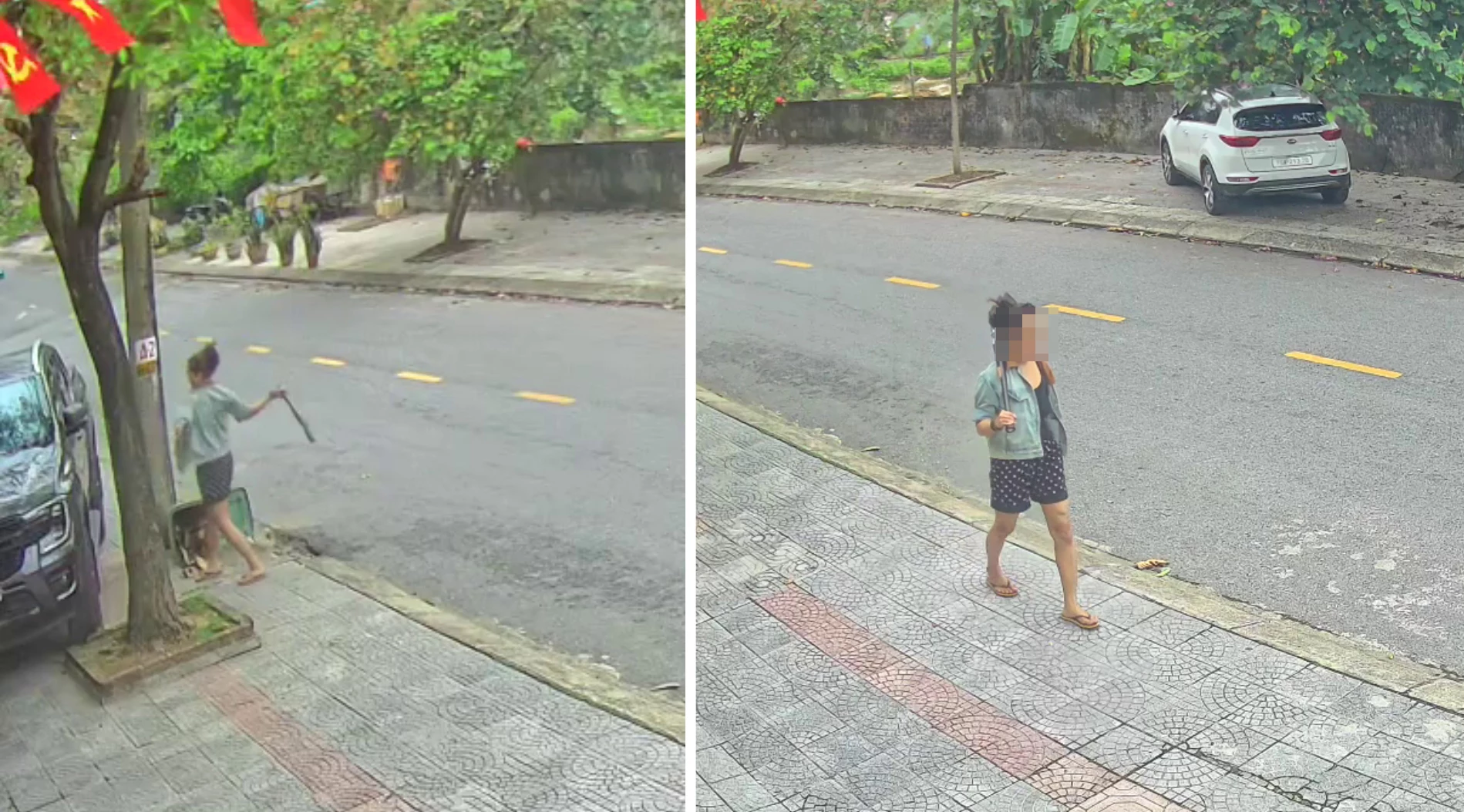 Người phụ nữ đi bộ dùng gậy liên tục đập phá ô tô người dân - Ảnh: cắt từ clip