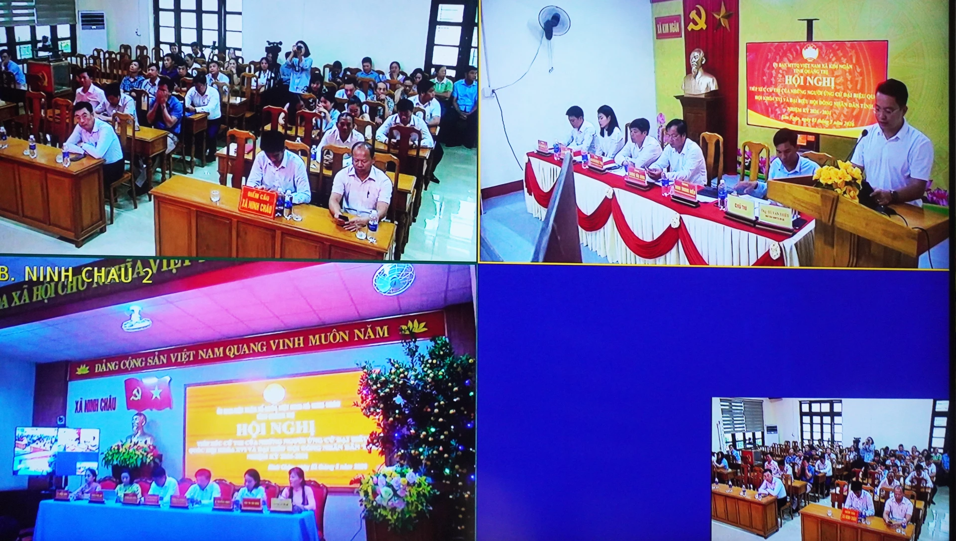 Các ứng cử viên đại biểu HĐND tỉnh nhiệm kỳ 2026-2031 trình bày CTHĐ tại điểm cầu xã Kim Ngân - Ảnh: N.M