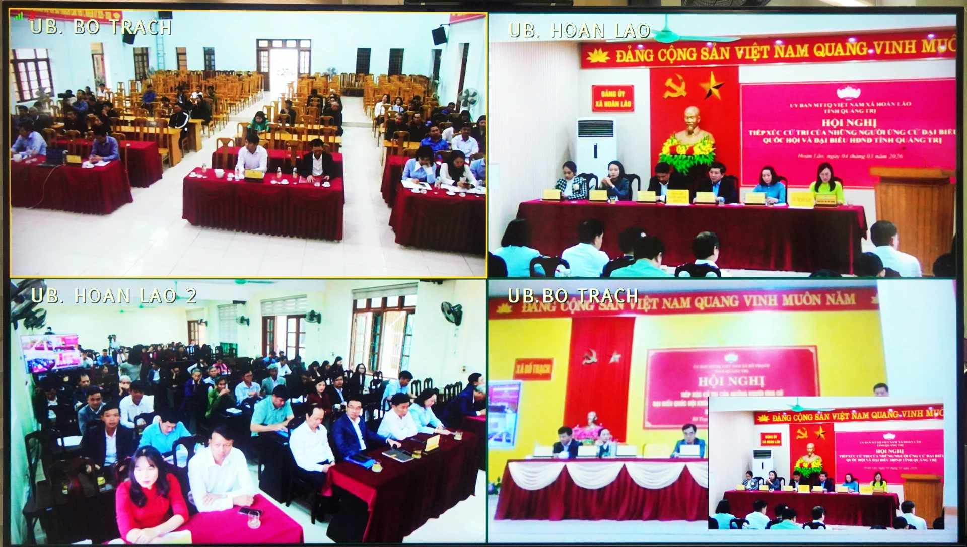 Các ứng cử viên đại biểu HĐND tỉnh nhiệm kỳ 2026-2031 trình bày CTHĐ tại điểm cầu xã Bố Trạch - Ảnh: N.M