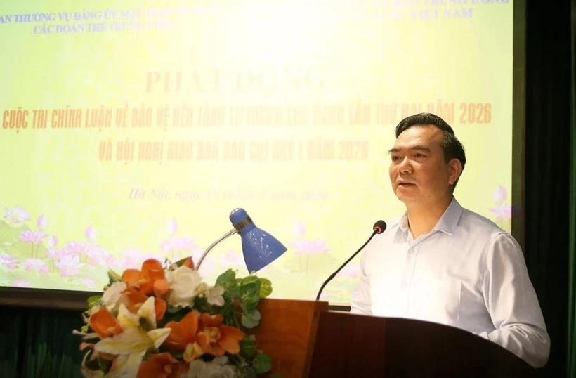 Trưởng Ban Tuyên giáo và Dân vận Đảng ủy Mặt trận Tổ quốc, các đoàn thể Trung ương Nguyễn Minh Chung phát biểu tại lễ phát động.