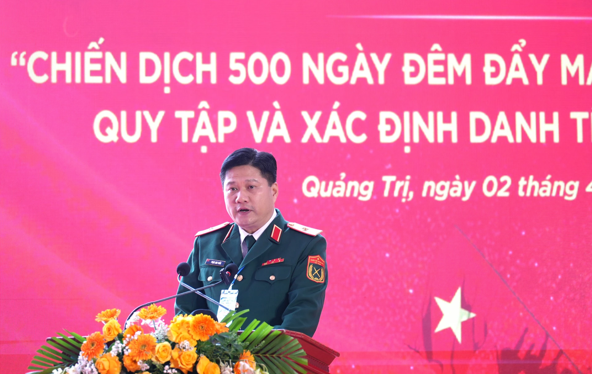 Thiếu tướng Phạm Anh Tuấn, Chủ nhiệm Chính trị, Phó Trưởng Ban Thường trực Ban chỉ đạo 515 Quân khu 7 phát biểu tại lễ phát động - Ảnh: T.Đ