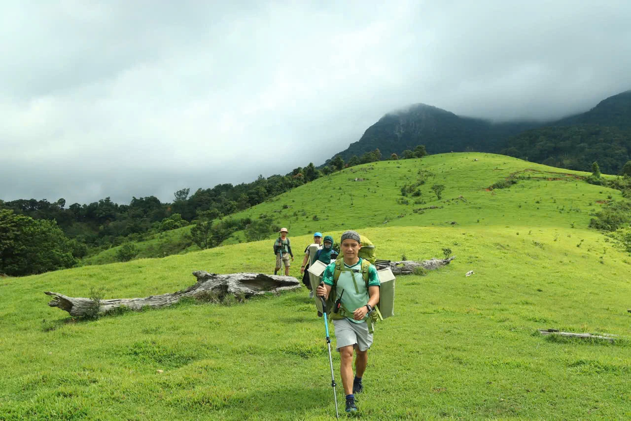 Khách du lịch trekking qua đồng cỏ ở thôn Xa Reng, xã Hướng Phùng -Ảnh: Visit Quảng Trị