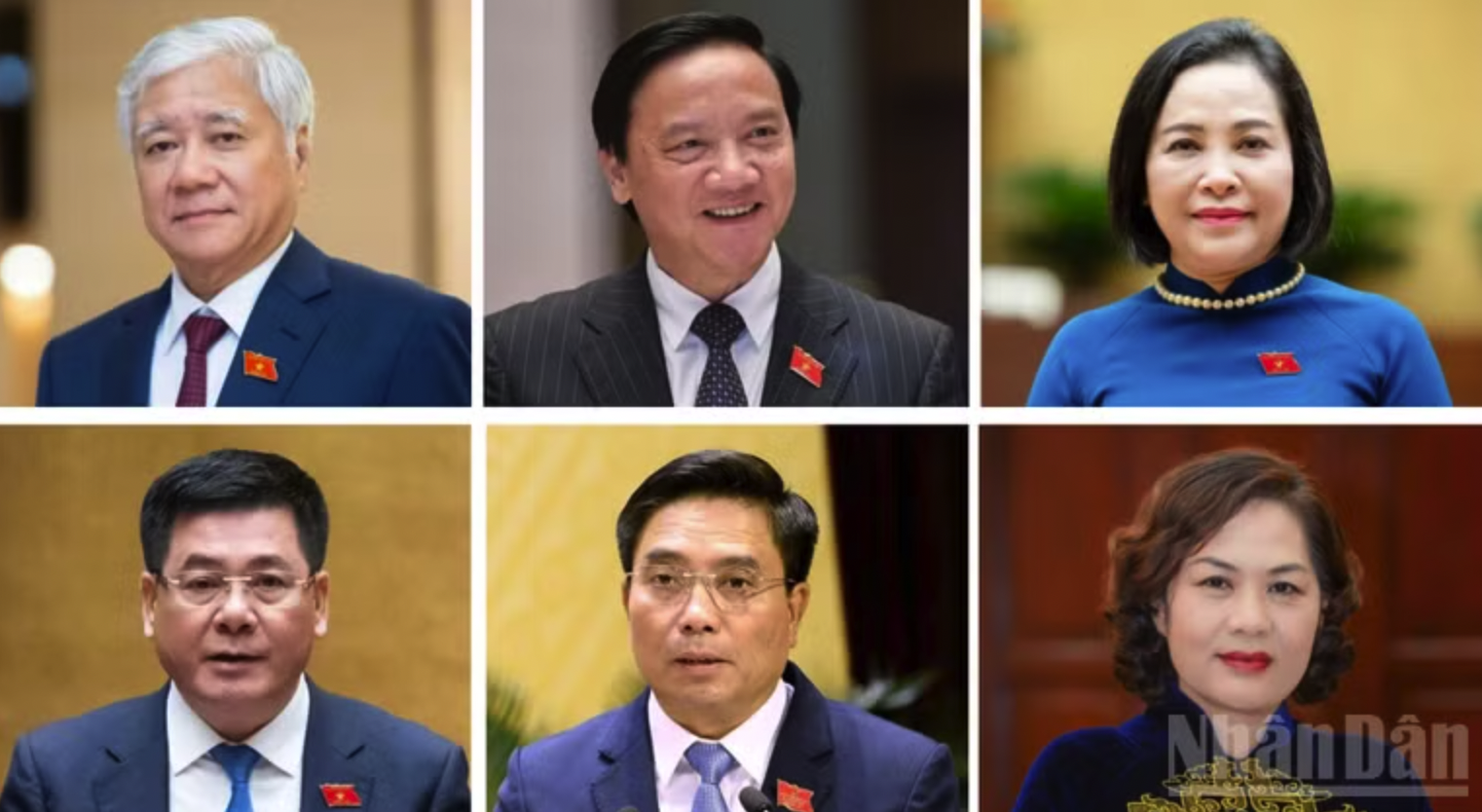 Quốc hội thông qua Nghị quyết bầu Phó Chủ tịch Quốc hội khóa XVI gồm các đồng chí (từ trái qua phải): Đỗ Văn Chiến, Nguyễn Khắc Định, Nguyễn Thị Thanh (hàng trên), Nguyễn Hồng Diên, Nguyễn Doãn Anh, Nguyễn Thị Hồng (hàng dưới). (Ảnh: VĂN TOẢN)