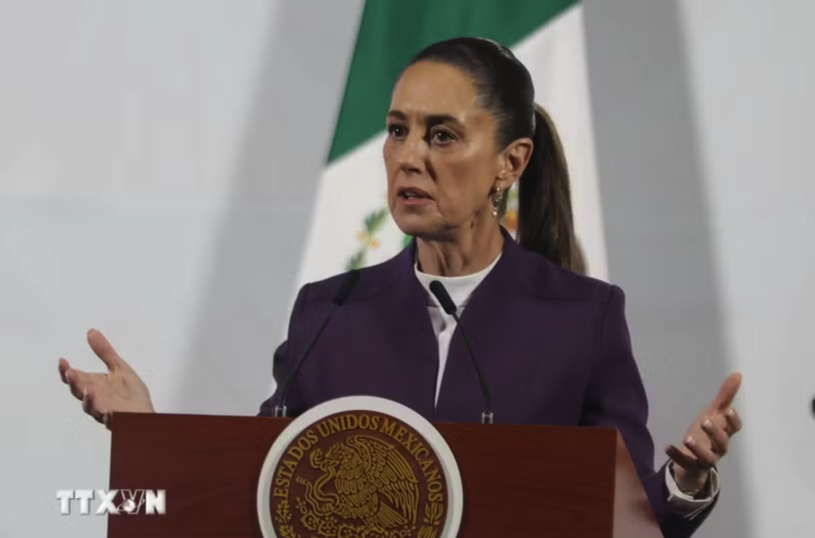 Tổng thống Mexico Claudia Sheinbaum phát biểu trong cuộc họp báo ở Mexico City. (Ảnh: THX/TTXVN)