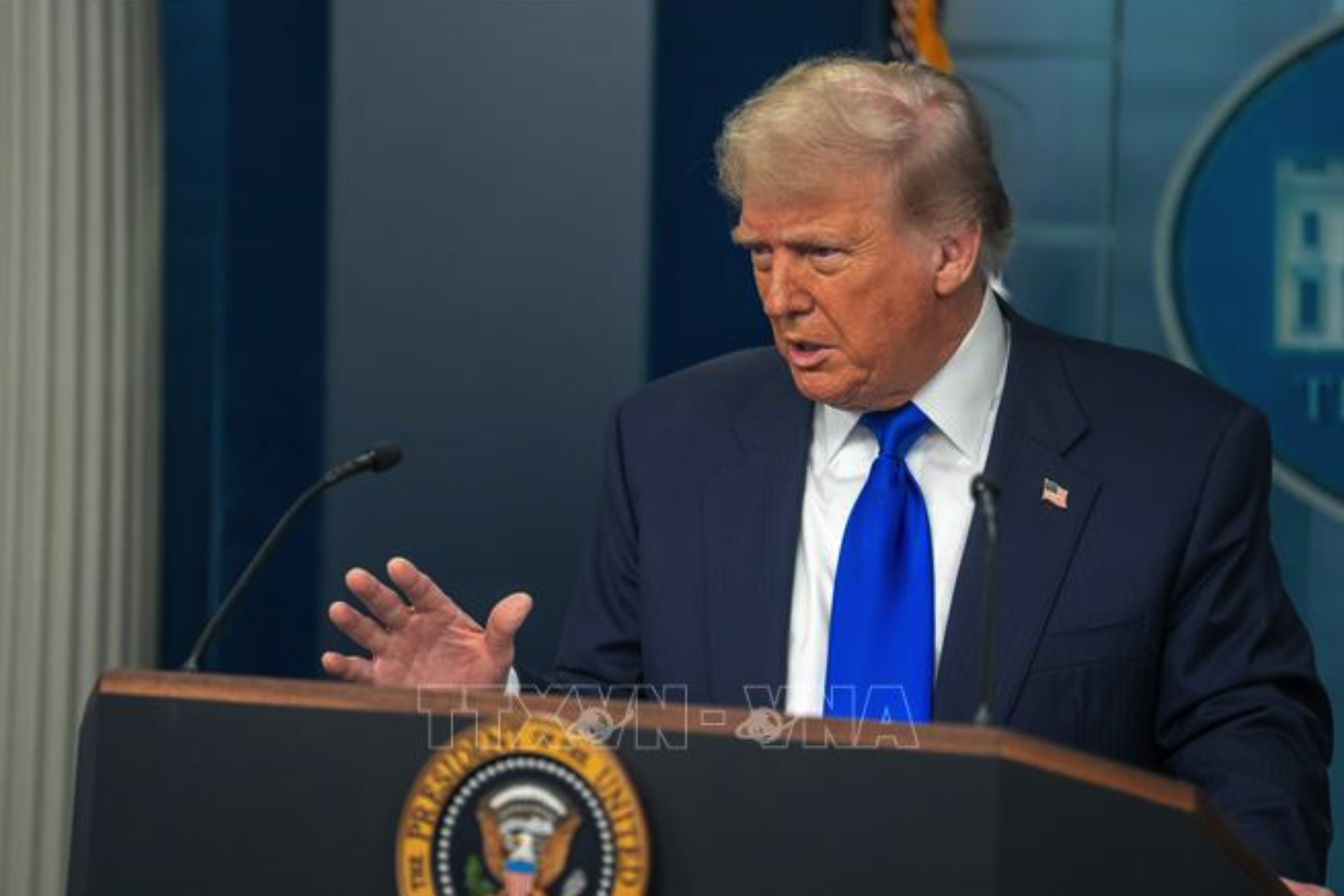 Tổng thống Mỹ Donald Trump phát biểu họp báo tại Nhà Trắng. Ảnh tư liệu: THX/TTXVN