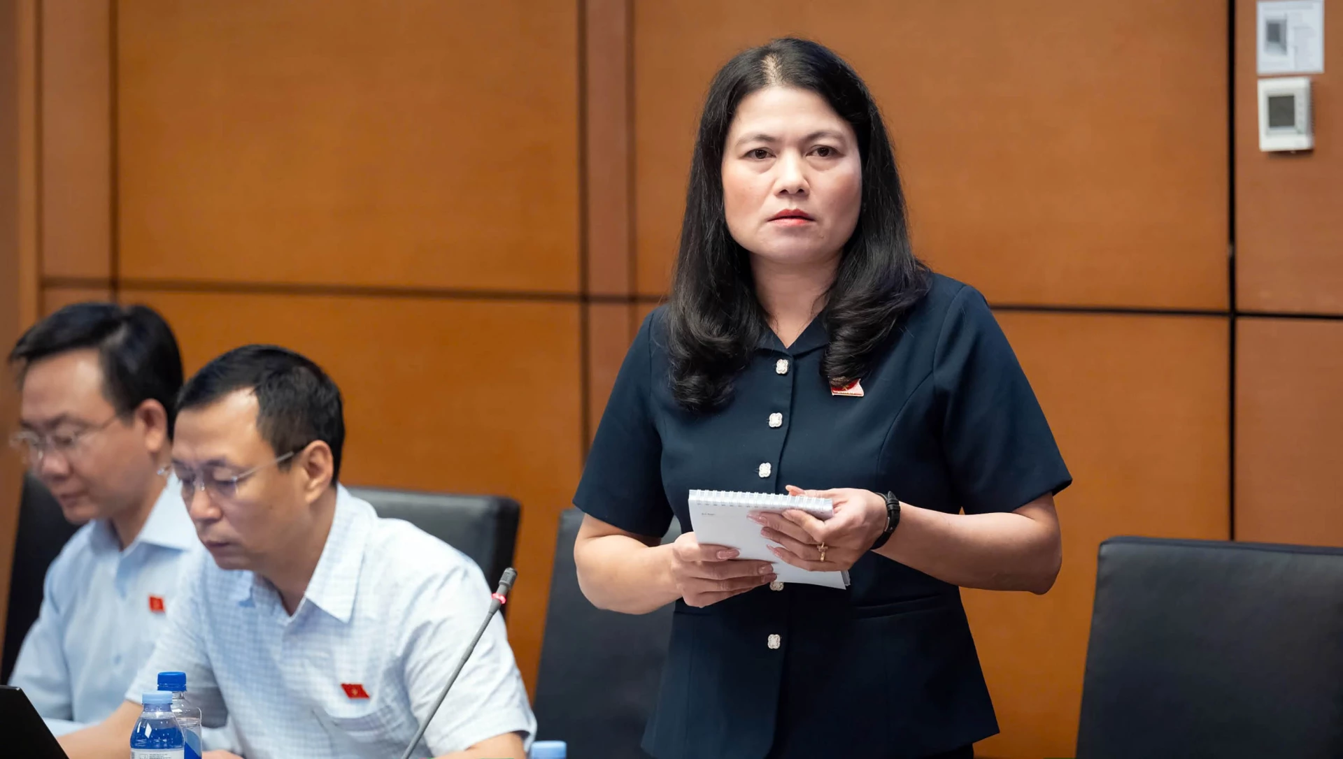 Đồng chí Ly Kiều Vân, Ủy viên Ban Thường vụ Tỉnh ủy, Trưởng Ban Nội chính Tỉnh ủy thảo luận về Dự án Luật sửa đổi, bổ sung một số điều của Luật Công chứng - Ảnh: CTV