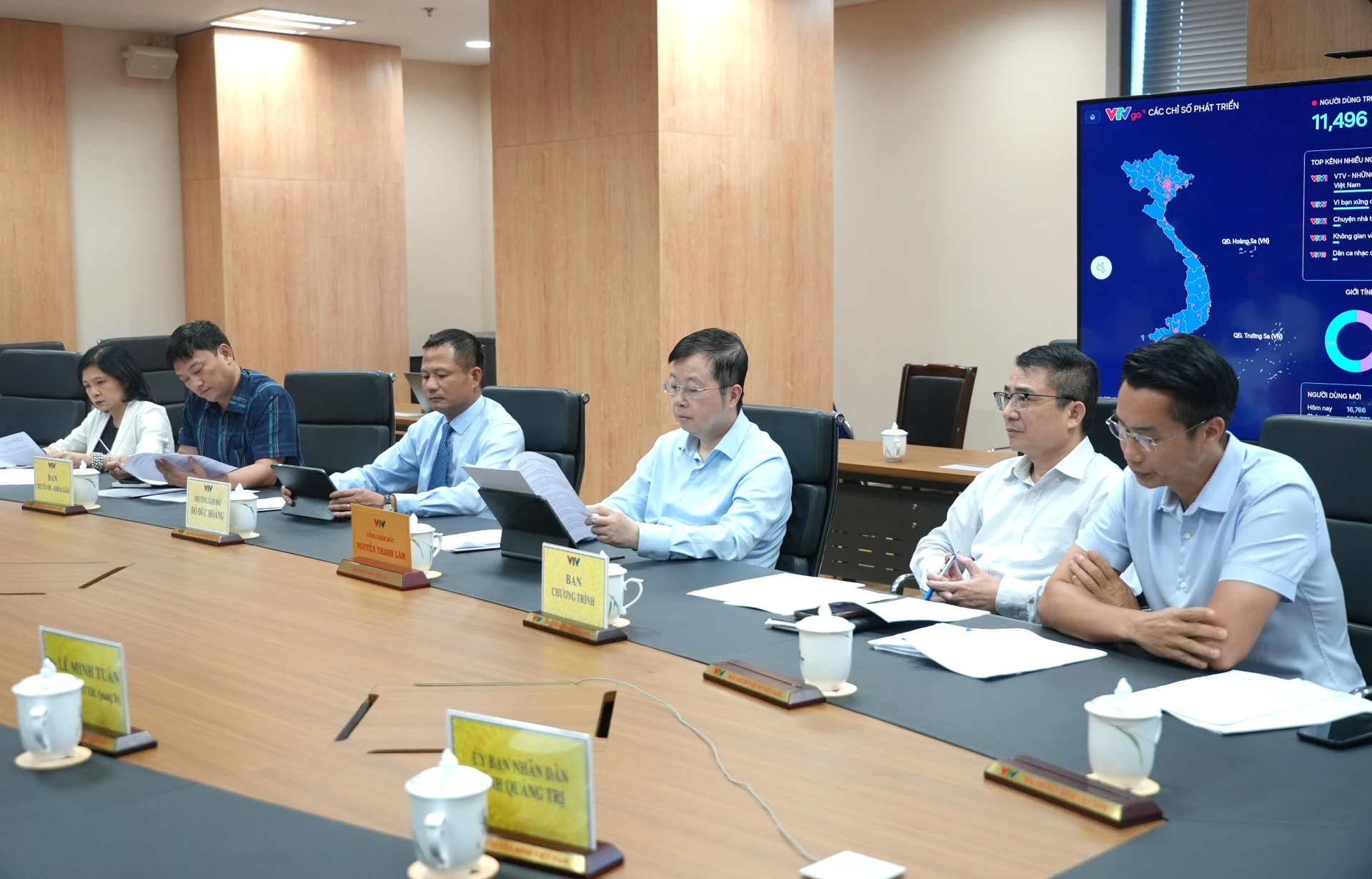 Đồng chí Nguyễn Thanh Lâm, Tổng Giám đốc Đài Truyền hình Việt Nam và đại diện lãnh đạo các ban, đơn vị trực thuộc tham dự buổi làm việc - Ảnh: T.Đ