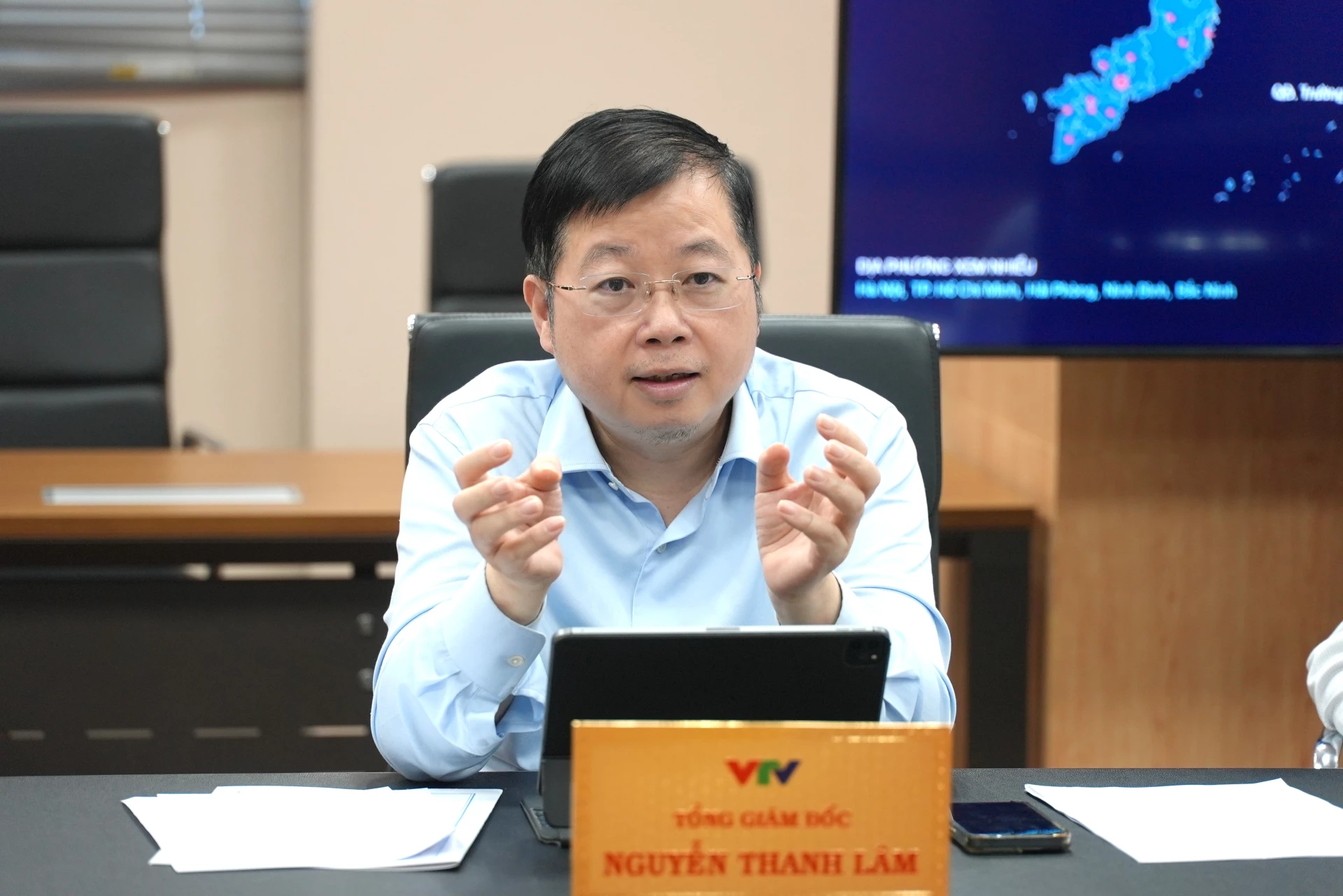 Đồng chí Nguyễn Thanh Lâm, Tổng Giám đốc Đài Truyền hình Việt Nam phát biểu tại buổi làm việc - Ảnh: T.Đ