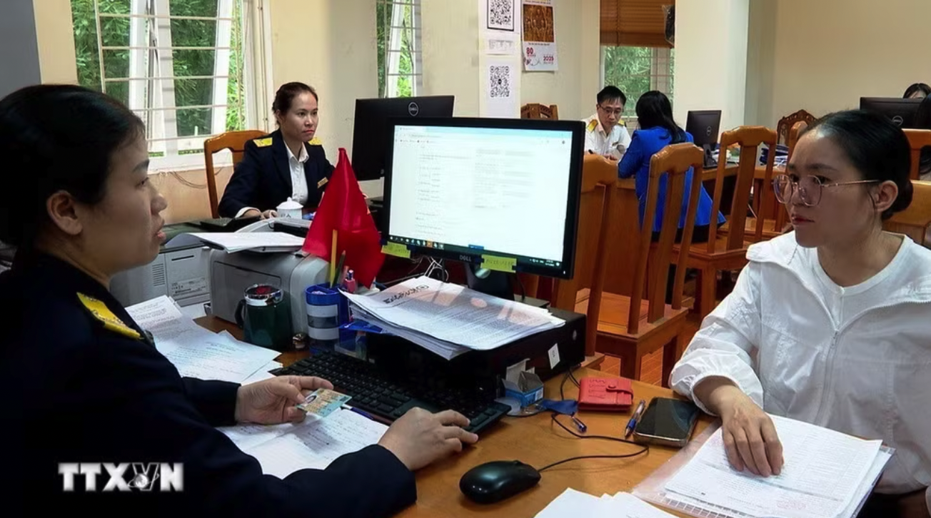 Cán bộ Thuế tỉnh Phú Thọ hướng dẫn hộ kinh doanh kê khai thuế. (Ảnh: Nguyễn Thảo/TTXVN)