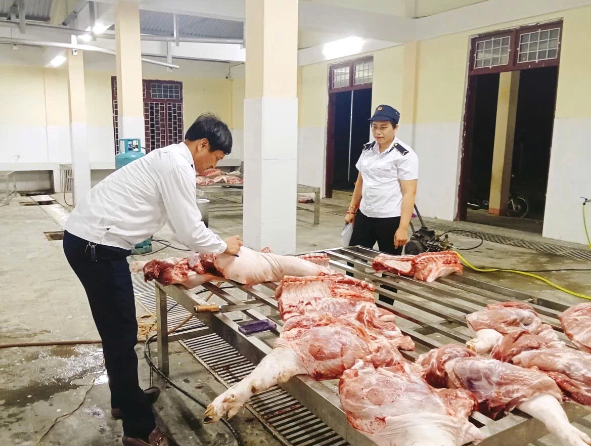 Cán bộ thú y kiểm soát, đóng dấu thịt lợn tại cơ sở giết mổ lợn tập trung xã Minh Hóa - Ảnh: C.H