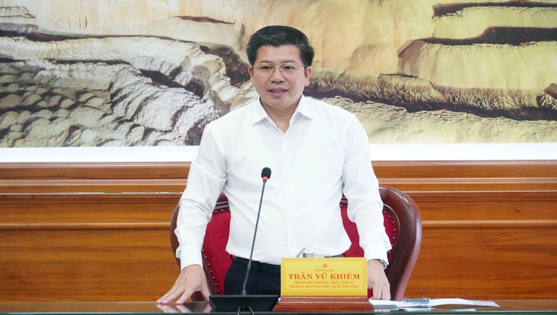 Đồng chí Trần Vũ Khiêm, Phó Bí thư Thường trực Tỉnh ủy, Trưởng đoàn Đại biểu Quốc hội tỉnh phát biểu kết luận buổi làm việc - Ảnh: N.M