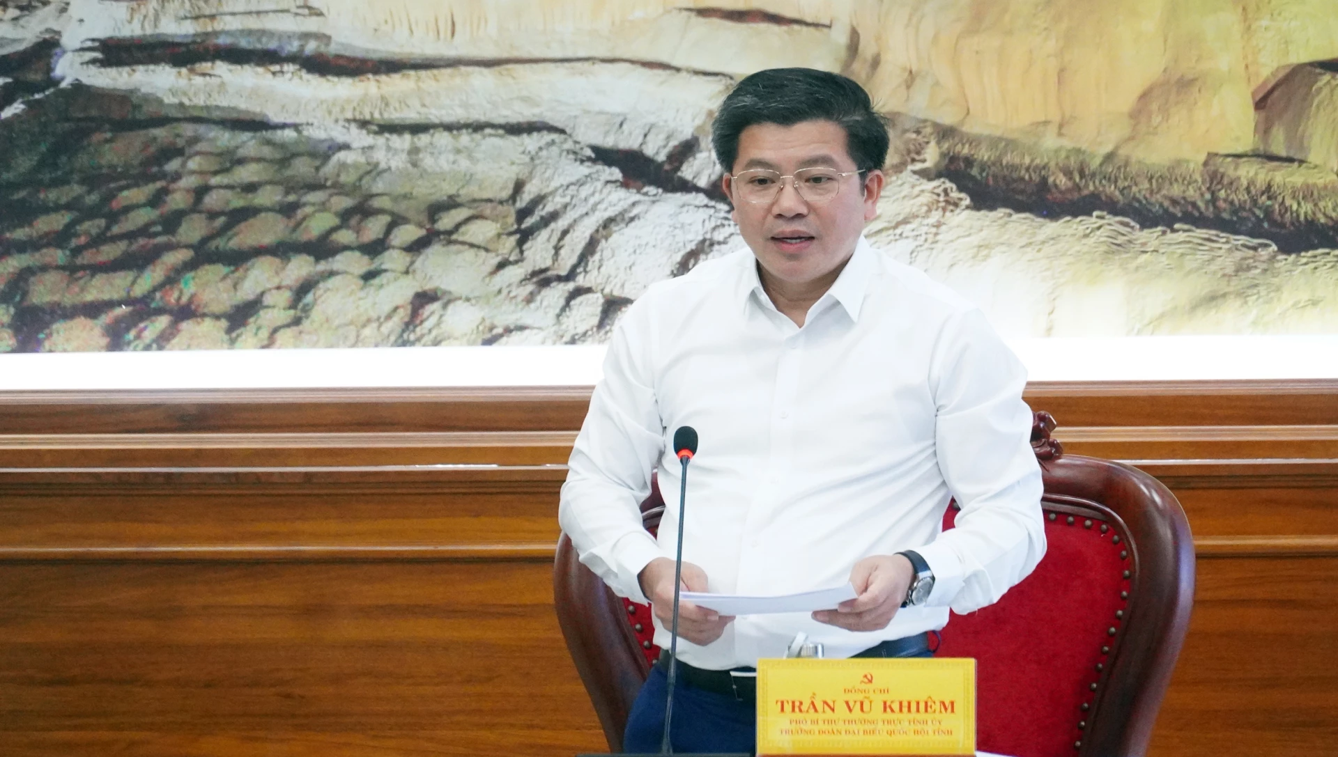 Đồng chí Trần Vũ Khiêm, Phó Bí thư Thường trực Tỉnh ủy, Trưởng đoàn Đại biểu Quốc hội tỉnh tham luận tại hội thảo - Ảnh: N.M
