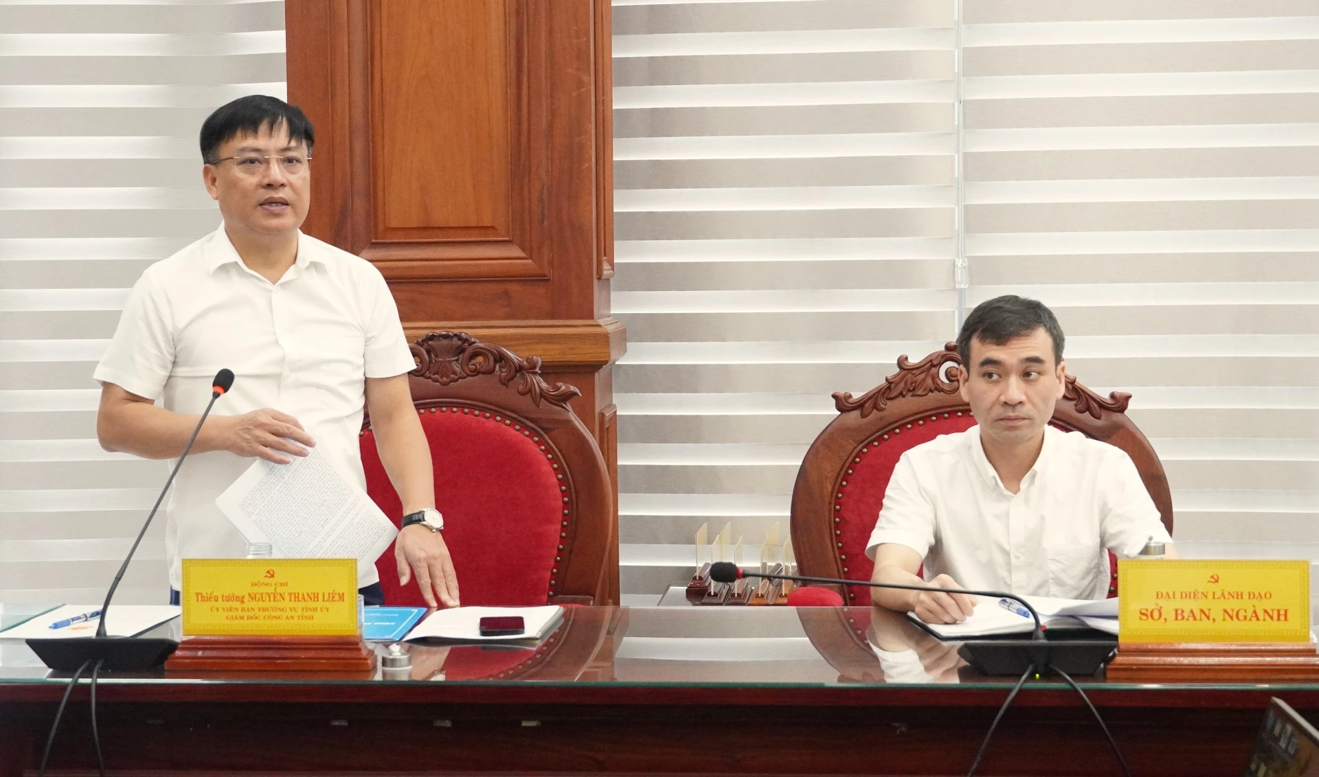 Đồng chí Thiếu tướng Nguyễn Thanh Liêm, Giám đốc Công an tỉnh phát biểu tại buổi làm việc - Ảnh : Q.V
