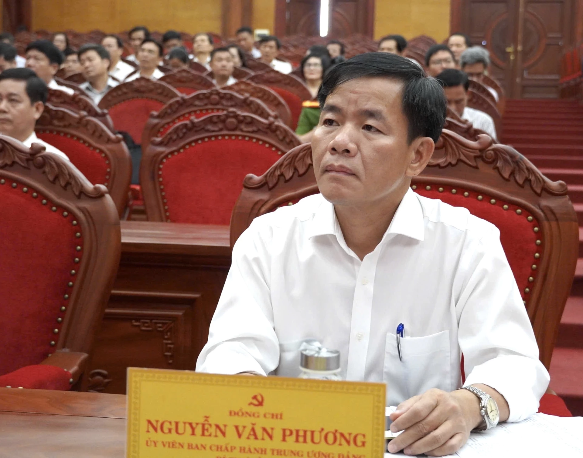 Đồng chí Nguyễn Văn Phương, Ủy viên Trung ương Đảng, Bí thư Tỉnh ủy tham dự hội nghị tại điểm cầu Quảng Trị - Ảnh: NL