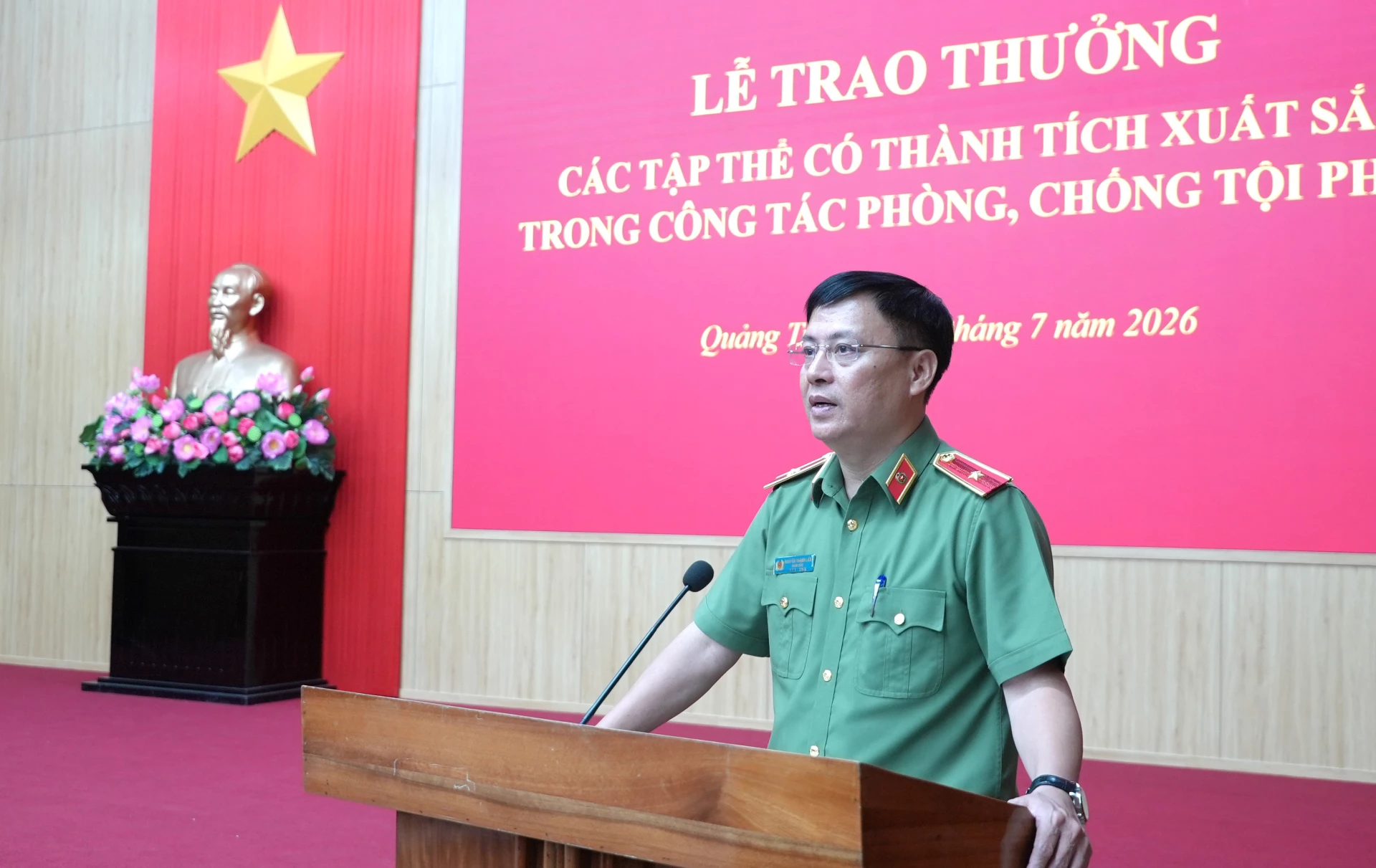 Đồng chí Thiếu tướng Nguyễn Thanh Liêm, Giám đốc Công an tỉnh phát biểu tại buổi lễ - Ảnh: T.Đ