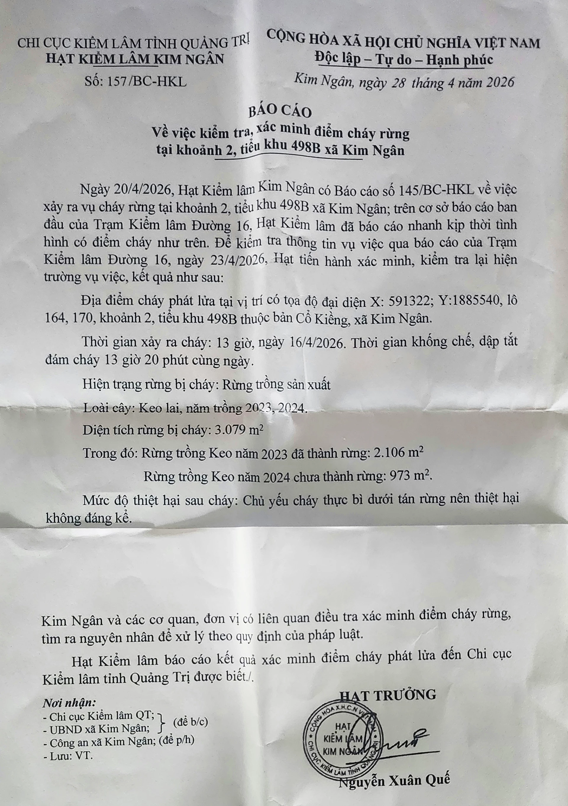 Báo cáo số 157/BC-HKL của Hạt Kiểm lâm Kim Ngân cho rằng các vụ cháy rừng chủ yếu cháy thực bì dưới tán rừng nên thiệt hại không đáng kể- Ảnh: T.L