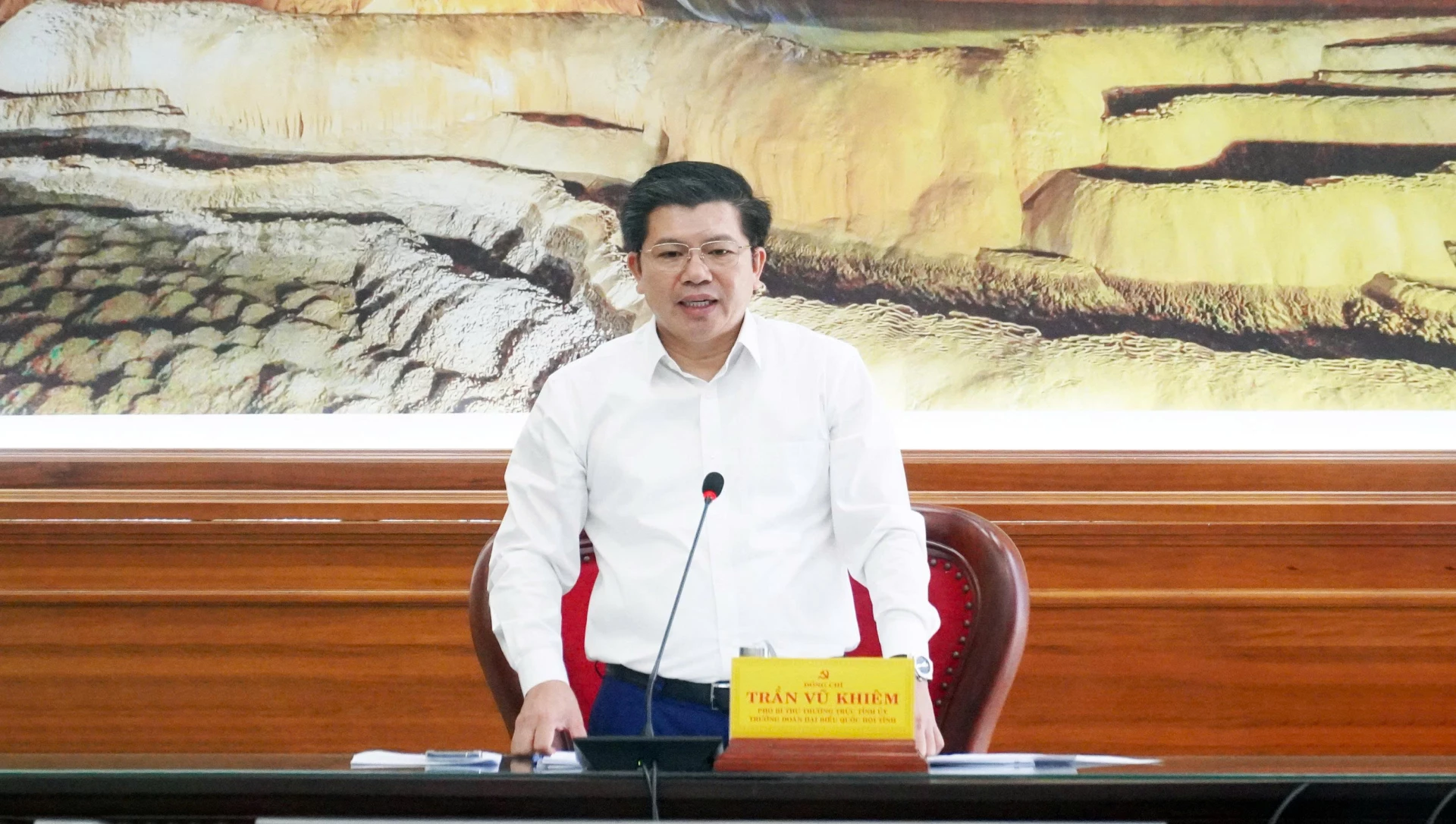 Đồng chí Trần Vũ Khiêm, Phó Bí thư Thường trực Tỉnh ủy, Trưởng Đoàn ĐBQH tỉnh phát biểu chỉ đạo tại hội nghị - Ảnh: N.M