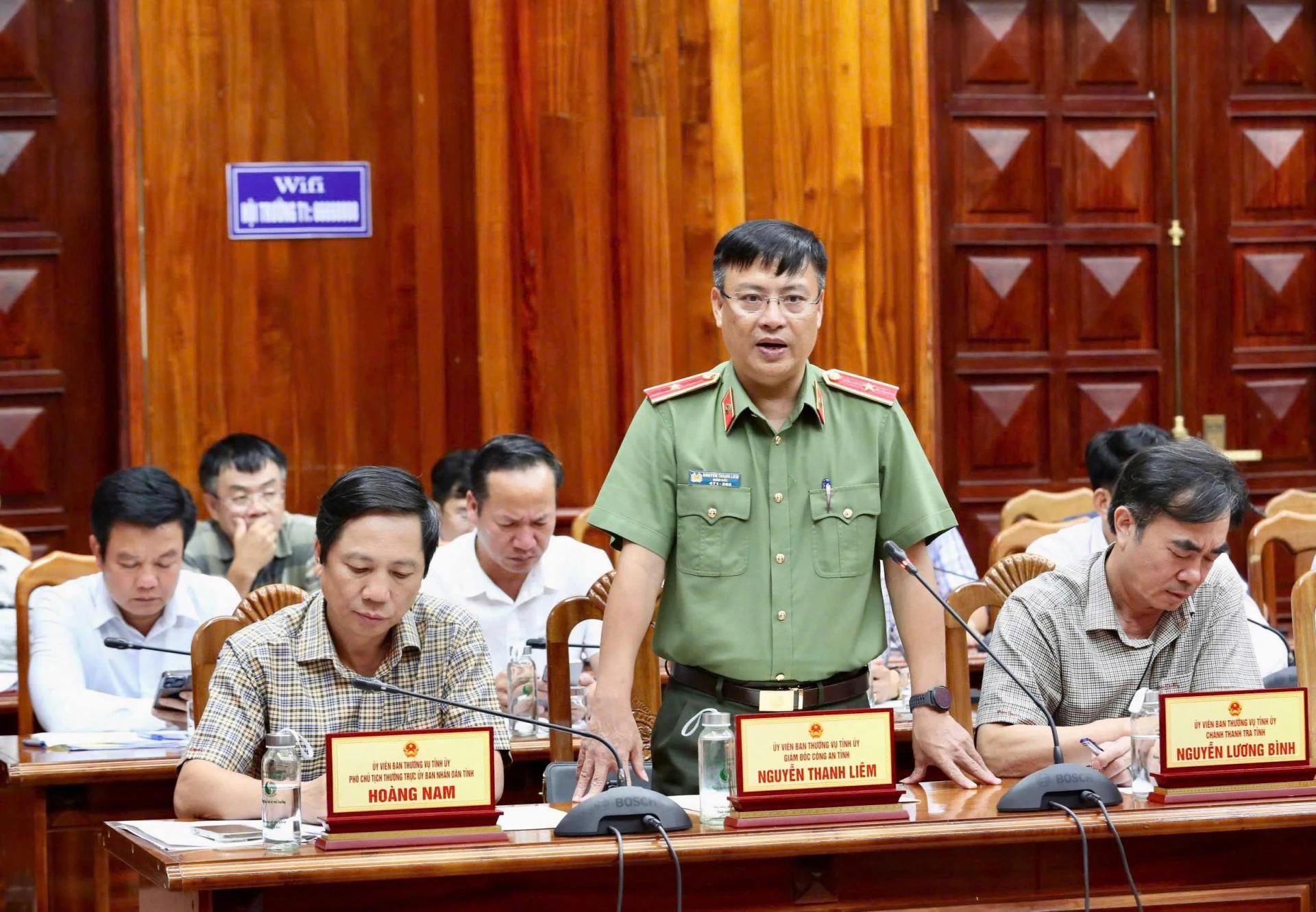 Ủy viên Ban Thường vụ Tỉnh ủy, Giám đốc Công an tỉnh Nguyễn Thanh Liêm phát biểu tại hội nghị - Ảnh: M.Đ