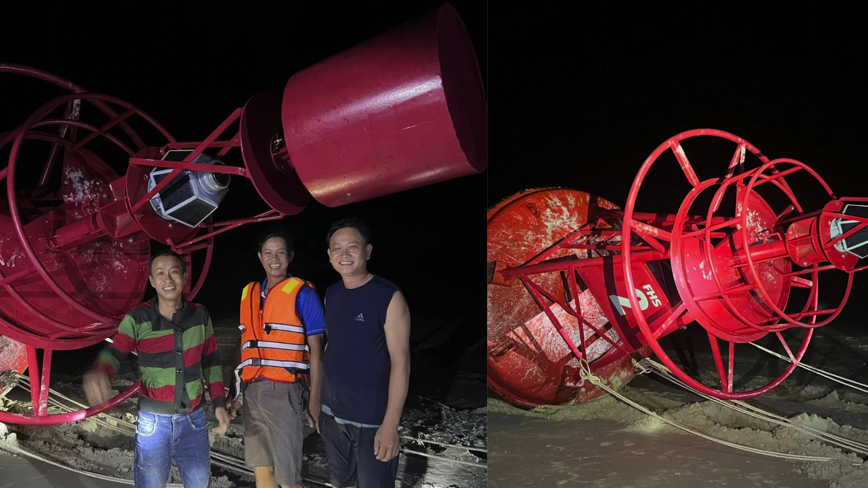 3 công dân ở xã Vĩnh Hoàng dùng máy múc để trục vớt phao tiêu hàng hải dài khoảng 12m bị trôi dạt - Ảnh: L.T