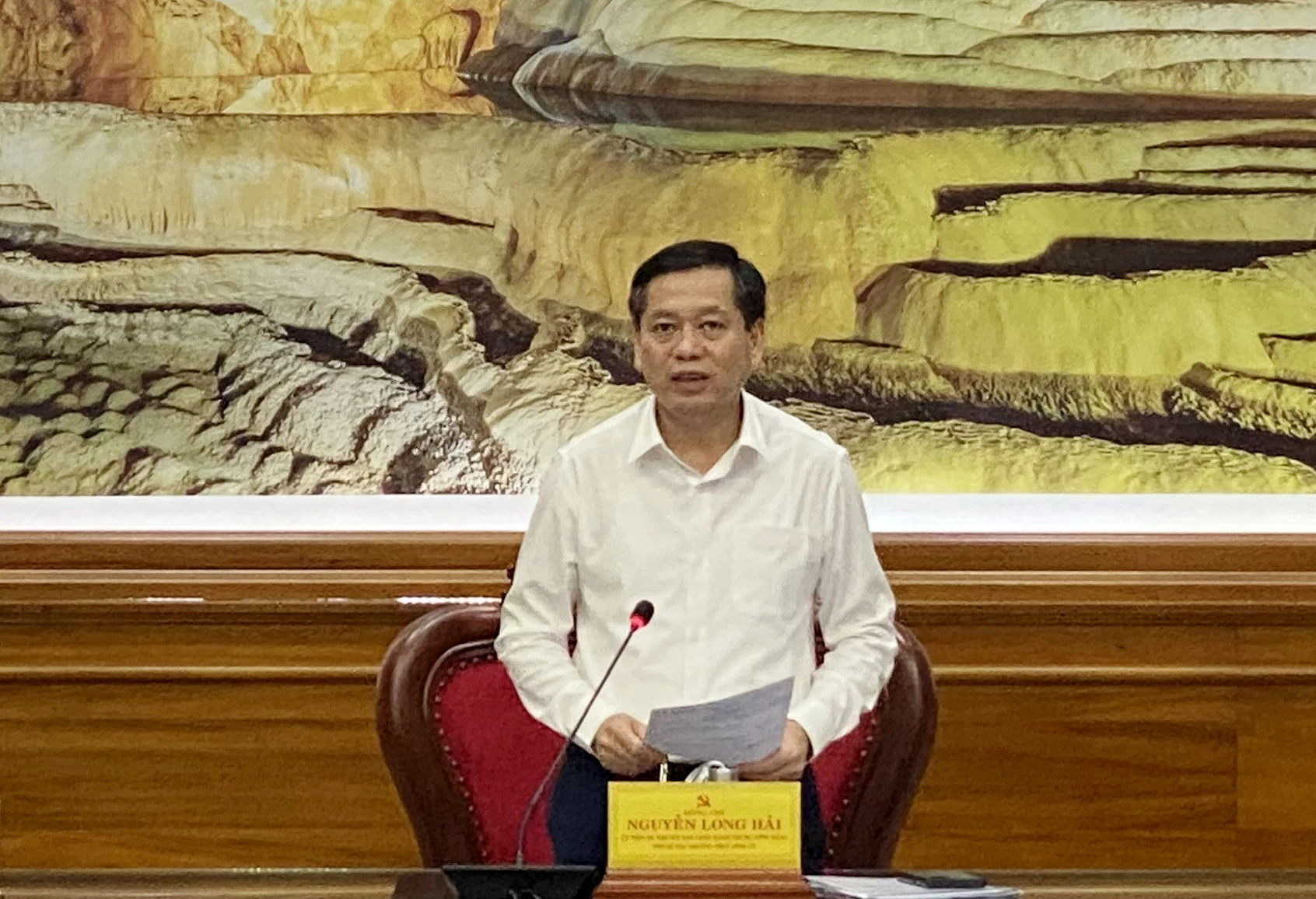 Phó Bí thư Thường trực Tỉnh ủy Nguyễn Long Hải phát biểu kết luận tại cuộc họp - Ảnh: Nguyễn Loan