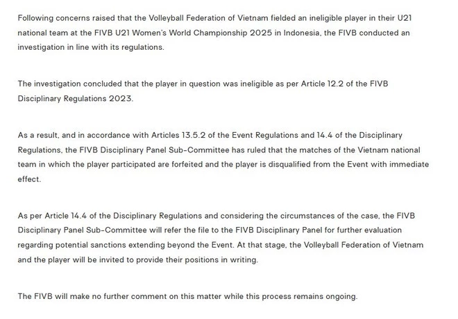 Thông báo chính thức của FIVB.