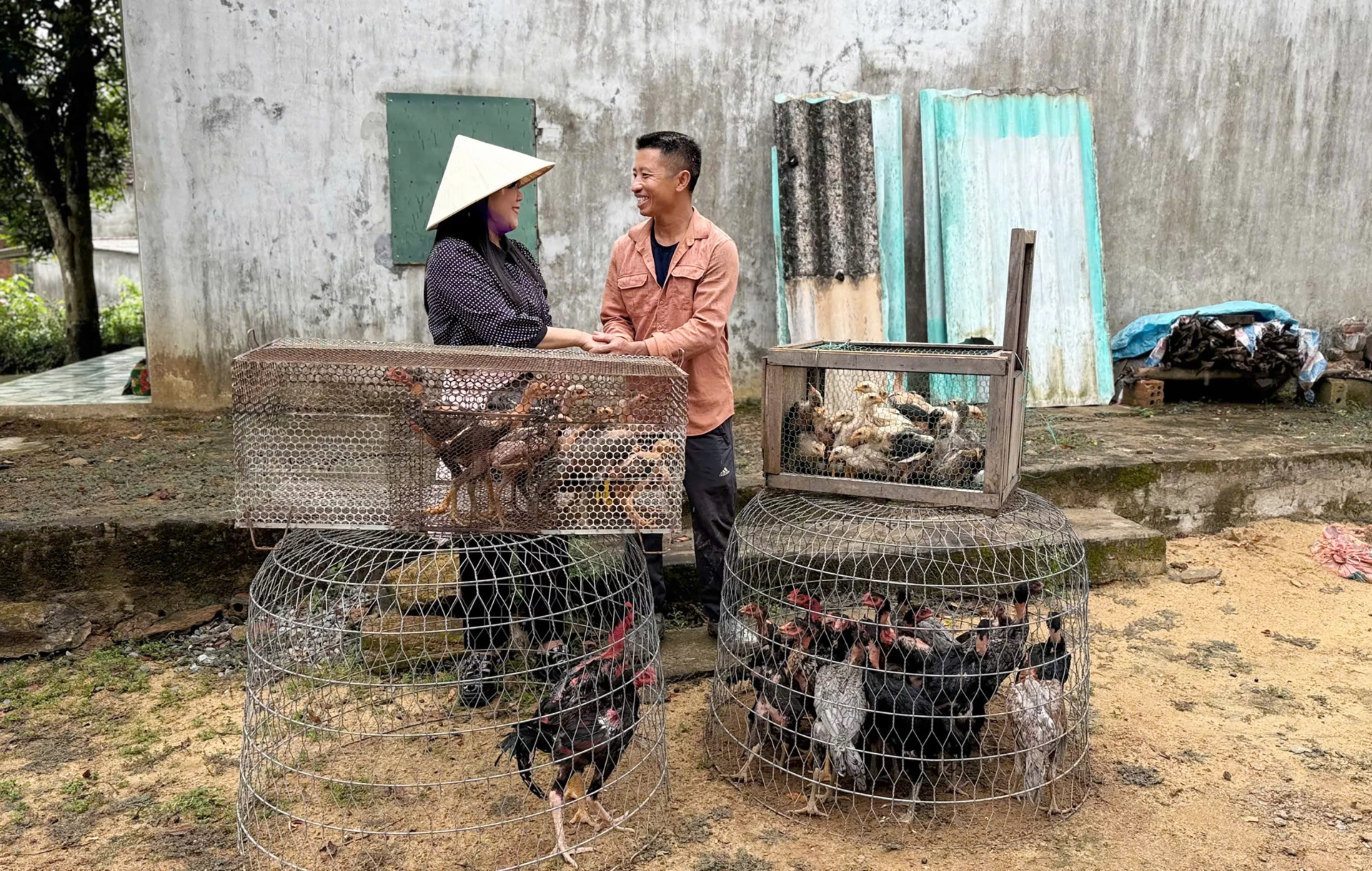 Đại diện dự án trao gói hỗ trợ mô hình nuôi gà trọi cho người hưởng lợi.