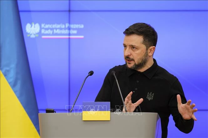 Tổng thống Ukraine Volodymyr Zelensky trong cuộc họp báo ngày 15/1/2025. Ảnh: PAP/TTXVN