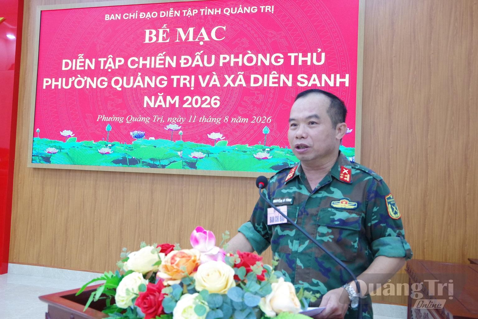 Đại tá Nguyễn Tài Tình, Ủy viên Ban Thường vụ Đảng ủy Quân sự tỉnh, Phó Chỉ huy trưởng - Tham mưu trưởng Bộ CHQS tỉnh, Phó Trưởng Ban Thường trực Ban Tổ chức, Tổng Đạo diễn diễn tập Đánh giá kết quả diễn tập