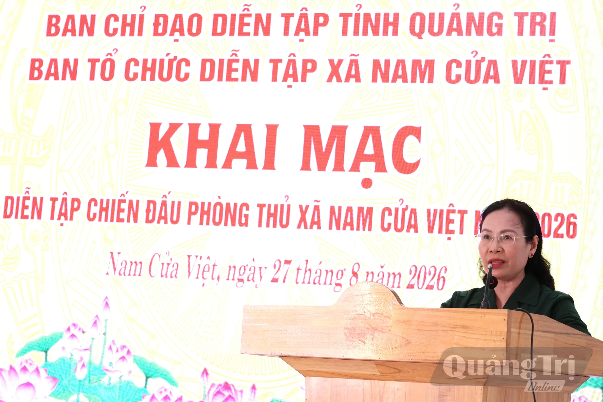 Đồng chí Phạm Thị Hân, Ủy viên Ban Thường vụ Tỉnh ủy, Phó Chủ tịch Thường trực HĐND tỉnh, Thành viên Ban Chỉ đạo, Phó Trưởng Ban Tổ chức diễn tập tỉnh phát biểu chỉ đạo tại cuộc diễn tập - Ảnh: H.T