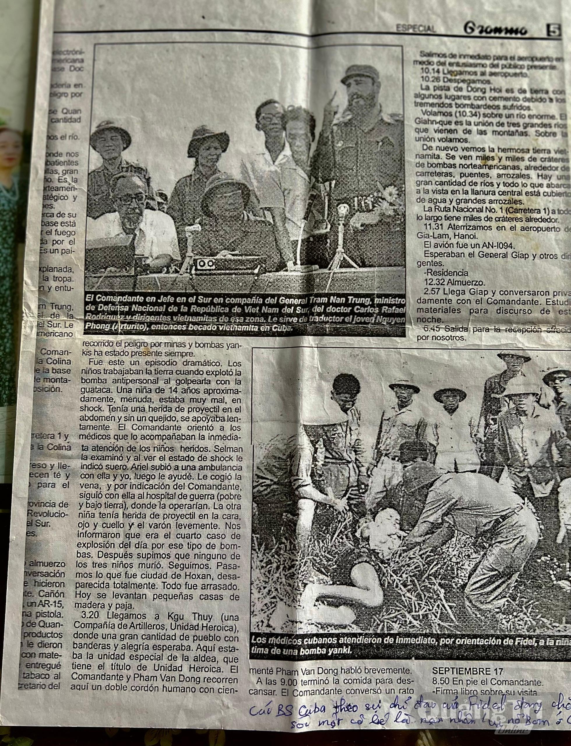 Bài báo đăng bằng tiếng Latin về sự kiện Chủ tịch Fidel Castro sang thăm vùng giải phóng miền Nam Việt Nam -Ảnh: H.H (chụp lại)