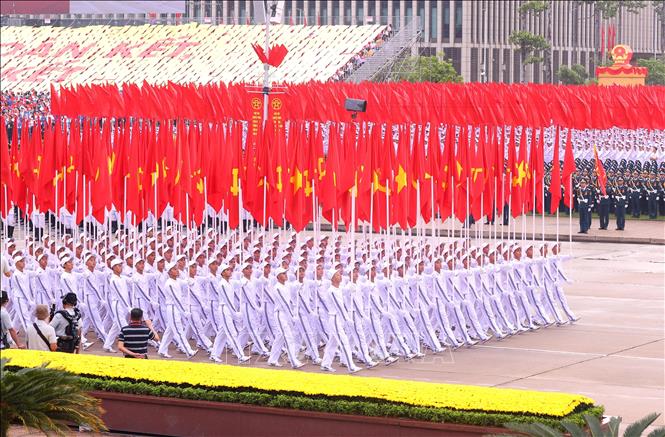 Khối cờ Đảng, cờ Tổ quốc trong lễ kỷ niệm, diễu binh, diễu hành 80 năm Cách mạng Tháng Tám thành công và Quốc khánh nước CHXHCN Việt Nam (2/9/1945-2/9/2025) được tổ chức trọng thể tại Quảng trường Ba Đình. Ảnh: Văn Điệp/TTXVN