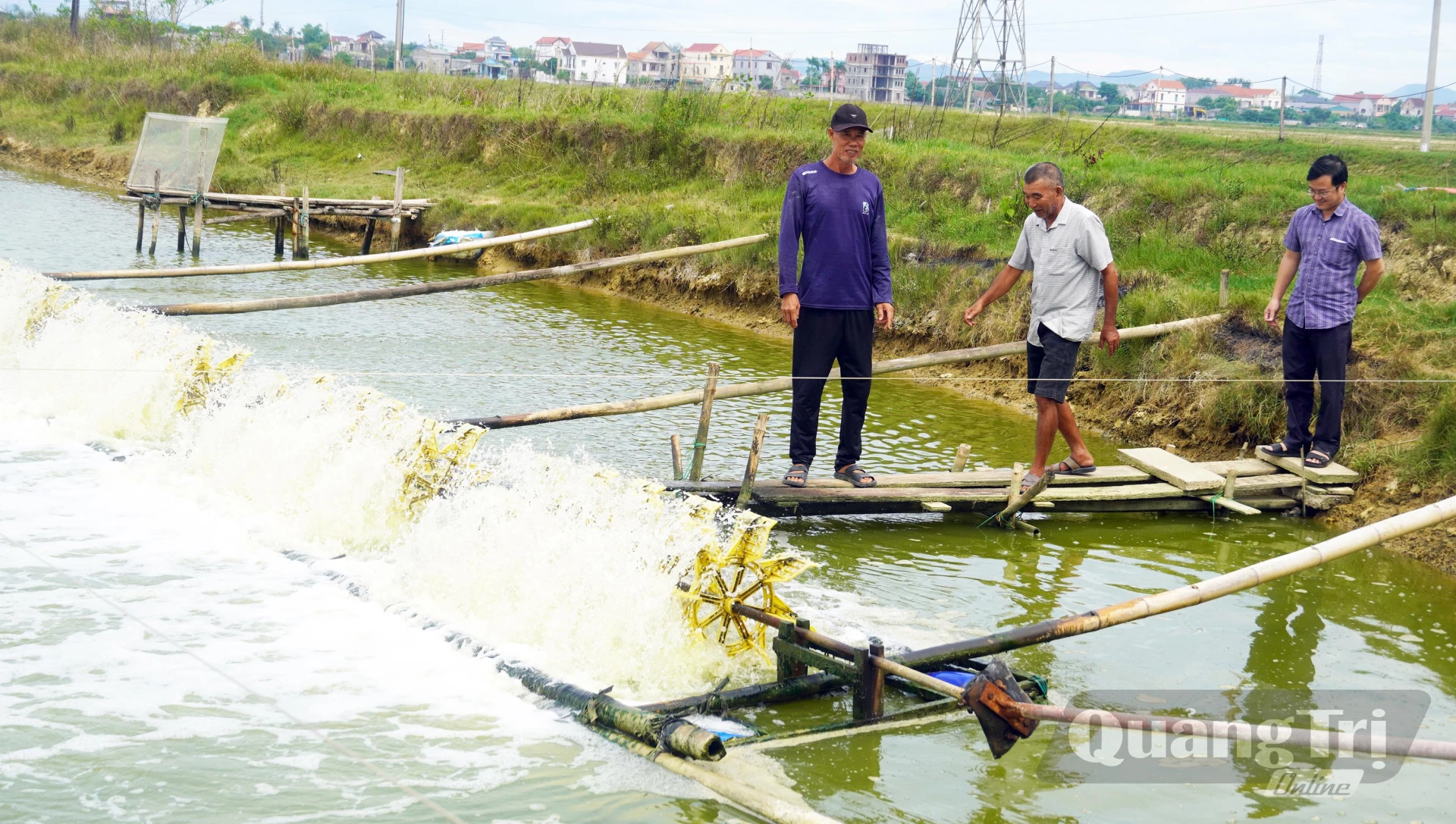 Ông Trần Đình Lẫm (giữa) và ông Trần Phương Hà (bên trái) cùng cán bộ địa phương bên hồ tôm - Ảnh: N.M