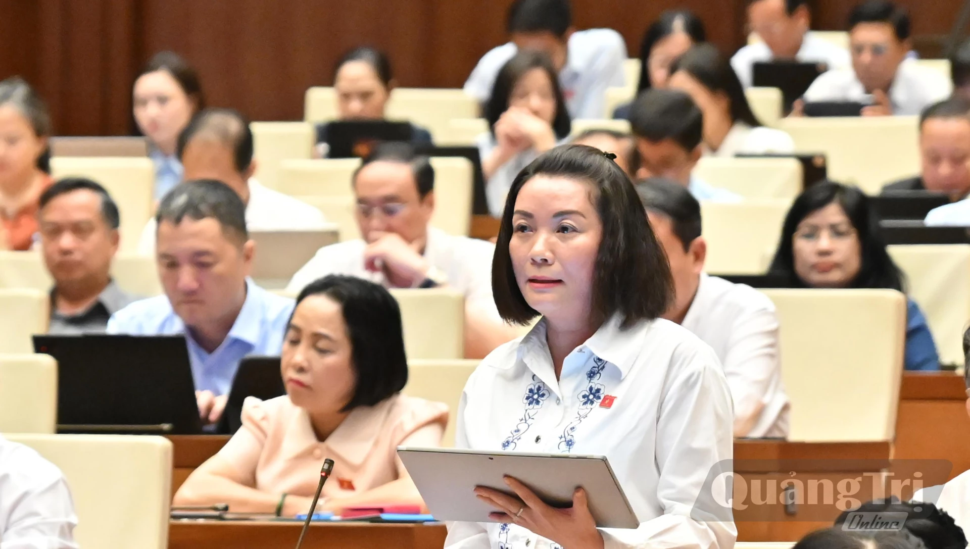 Đồng chí Nguyễn Minh Tâm, Phó trưởng đoàn chuyên trách Đoàn ĐBQH tỉnh thảo luận tại hội trường - Ảnh: N.M