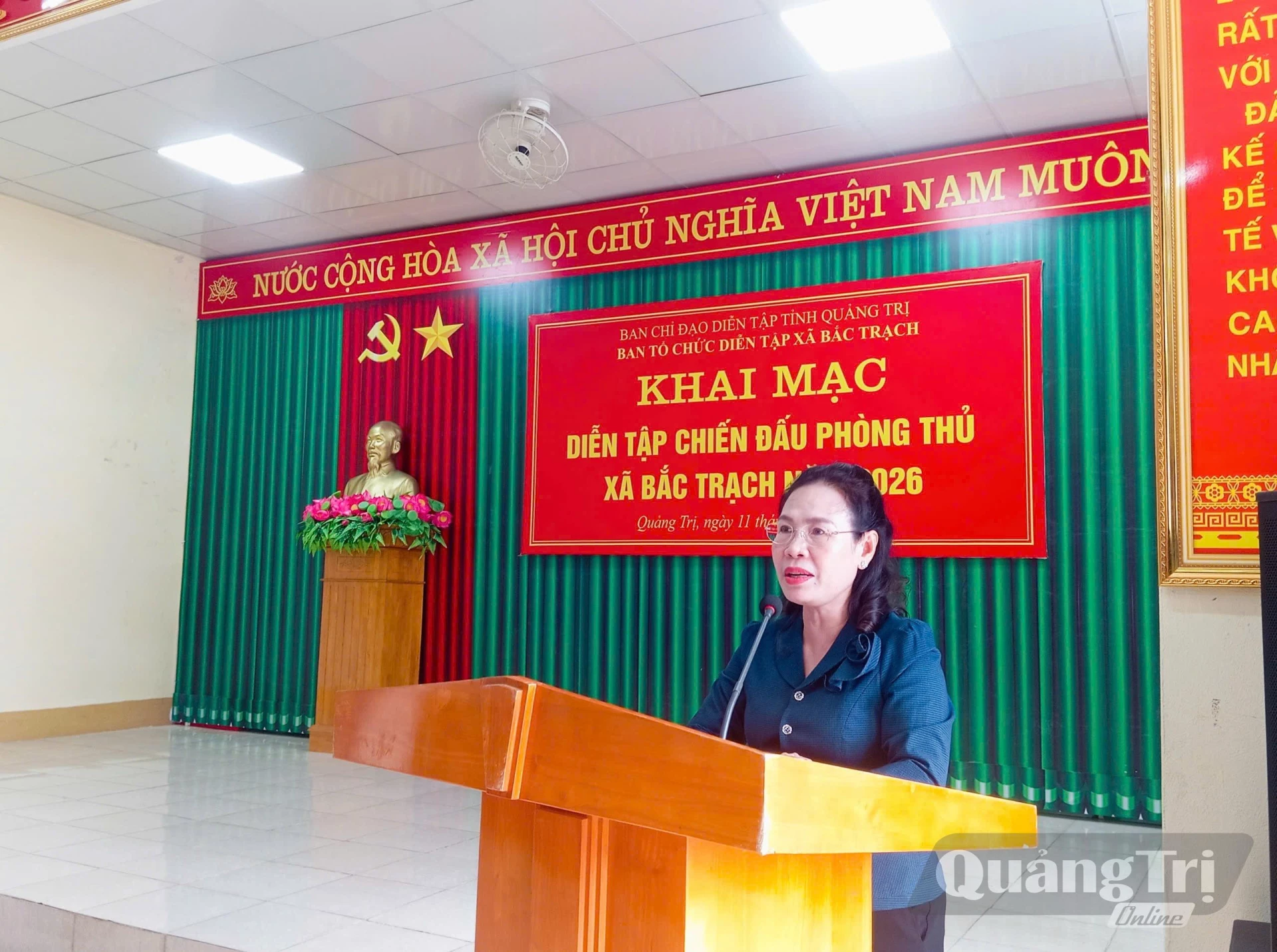 Đồng chí Phạm Thị Hân, Phó Chủ tịch Thường trực HĐND tỉnh phát biểu tại khai mạc diễn tập - Ảnh: K.H