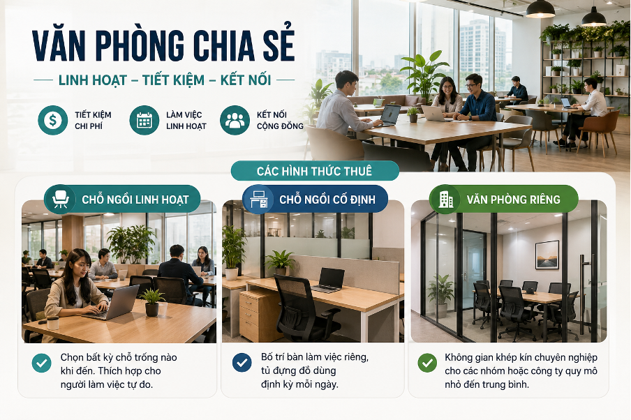 Có nhiều hình thức dịch vụ văn phòng chia sẻ tương đối linh hoạt.