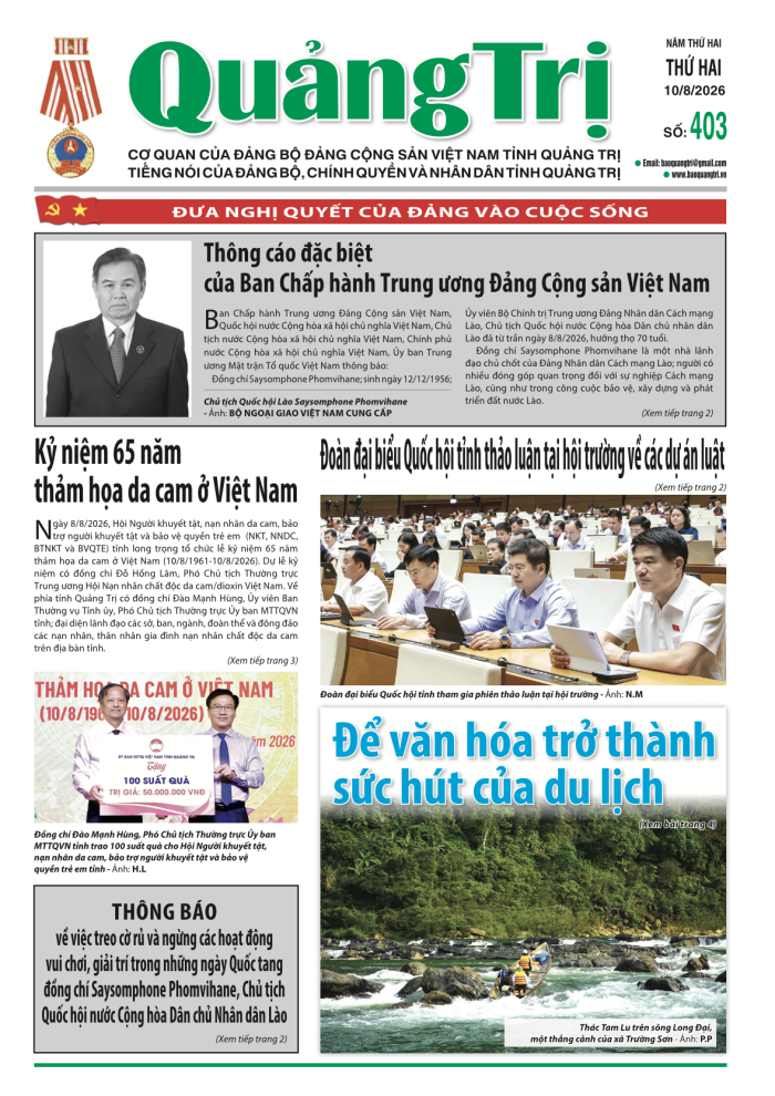 Báo Quảng Trị số 403 - Ngày 10/8/2026
