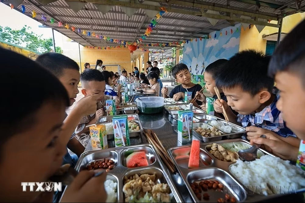 Trong không khí vui vẻ và ấm áp, các học sinh xóm Rằng (Hòa Bình) ăn suất cơm trưa bán trú ngon miệng. (Ảnh: Trọng Đạt/TTXVN)