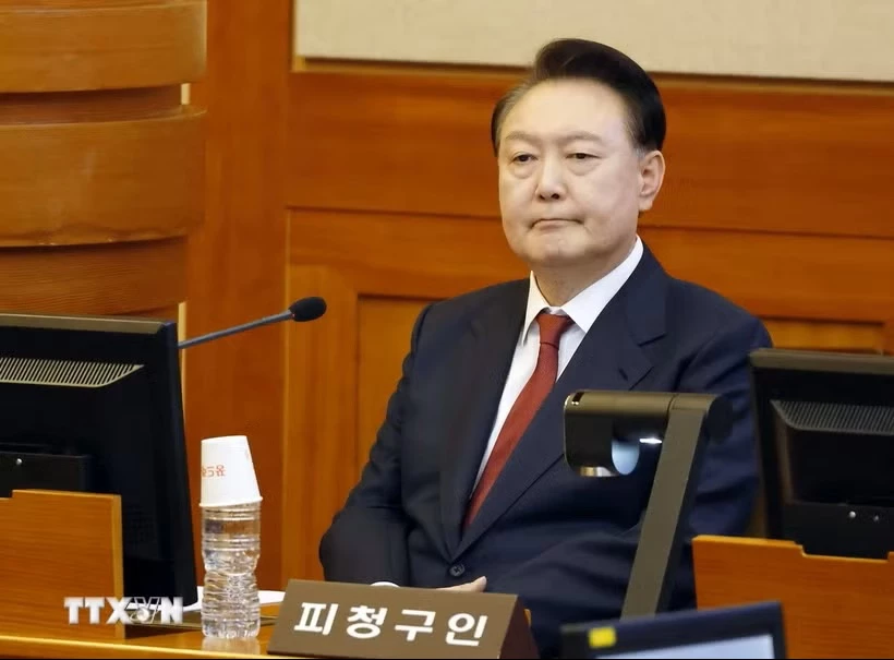 Cựu Tổng thống Hàn Quốc Yoon Suk Yeol tại Tòa án Hiến pháp ở Seoul ngày 23/1/2025. (Ảnh: Kyodo/TTXVN)