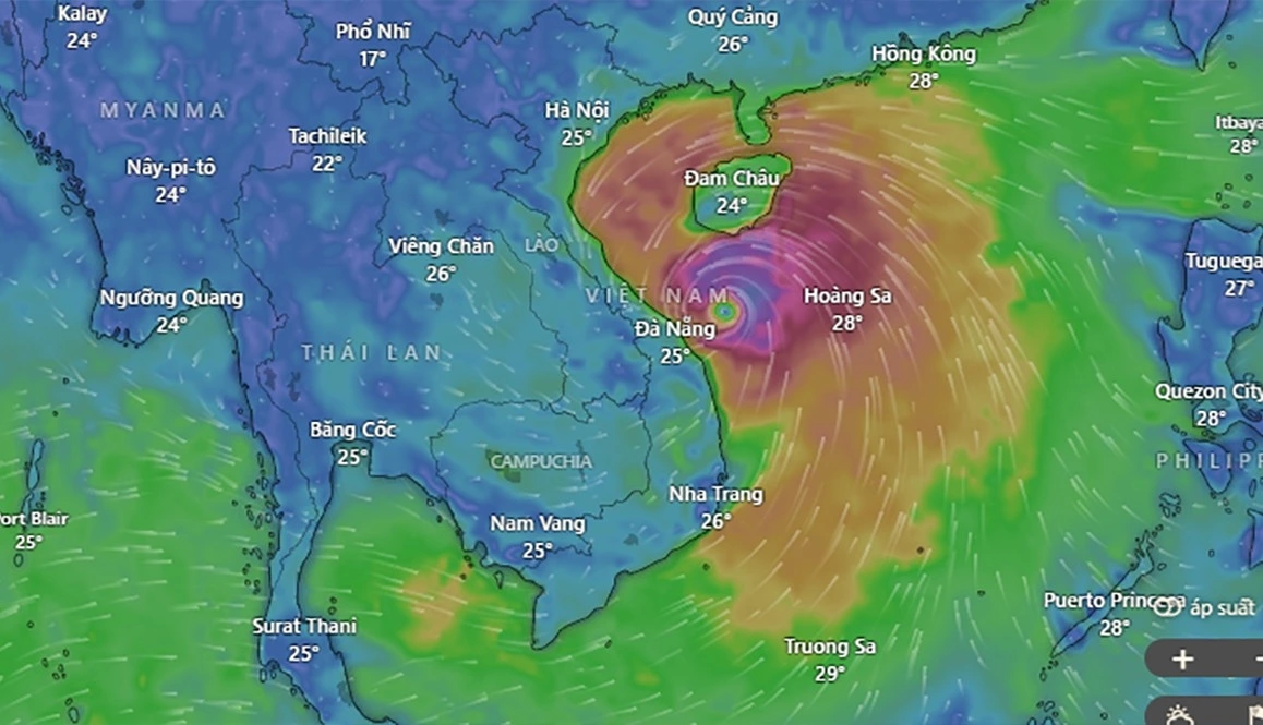 Vị trí tâm bão ghi nhận vào sáng 28/9 (Nguồn: Windy)