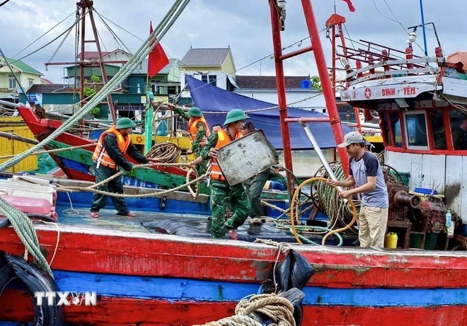Cán bộ, chiến sỹ Đồn Biên phòng Diễn Thành (Bộ đội Biên phòng tỉnh Nghệ An) triển khai lực lượng hỗ trợ ngư dân đưa tàu thuyền vào nơi tránh trú bão, neo đậu, chằng néo phương tiện, thu dọn ngư lưới cụ. (Ảnh: TTXVN phát)