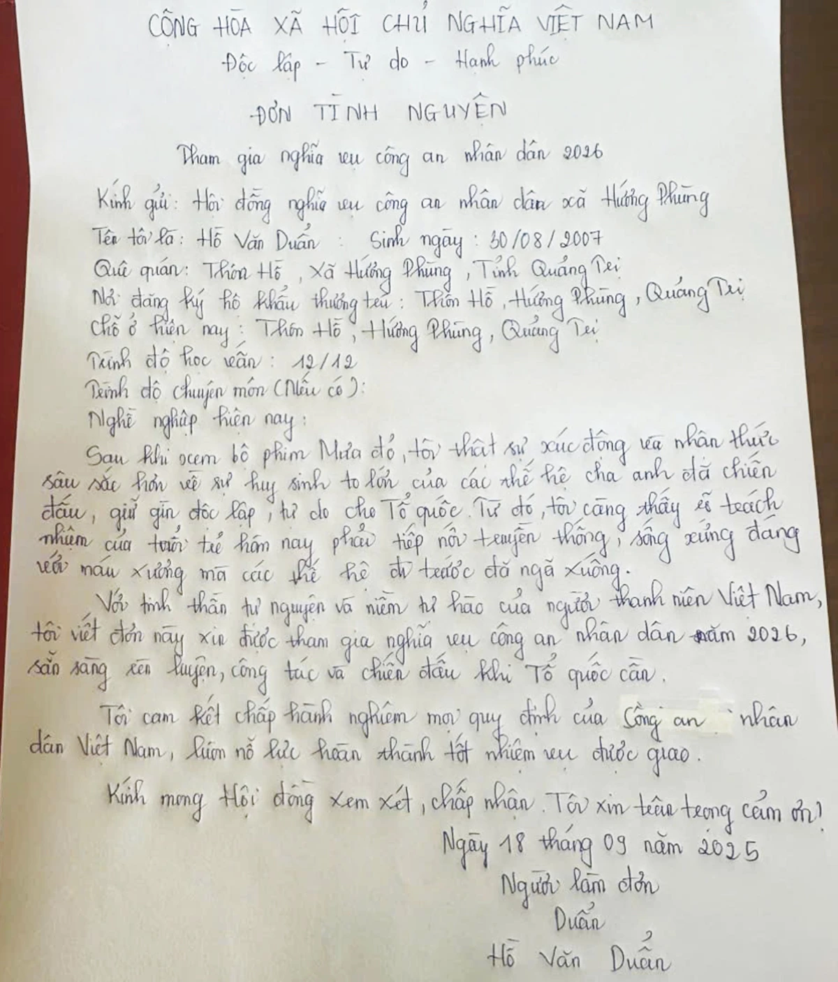 Đơn tình nguyện của Hồ Văn Duẩn - Ảnh: CAXHP