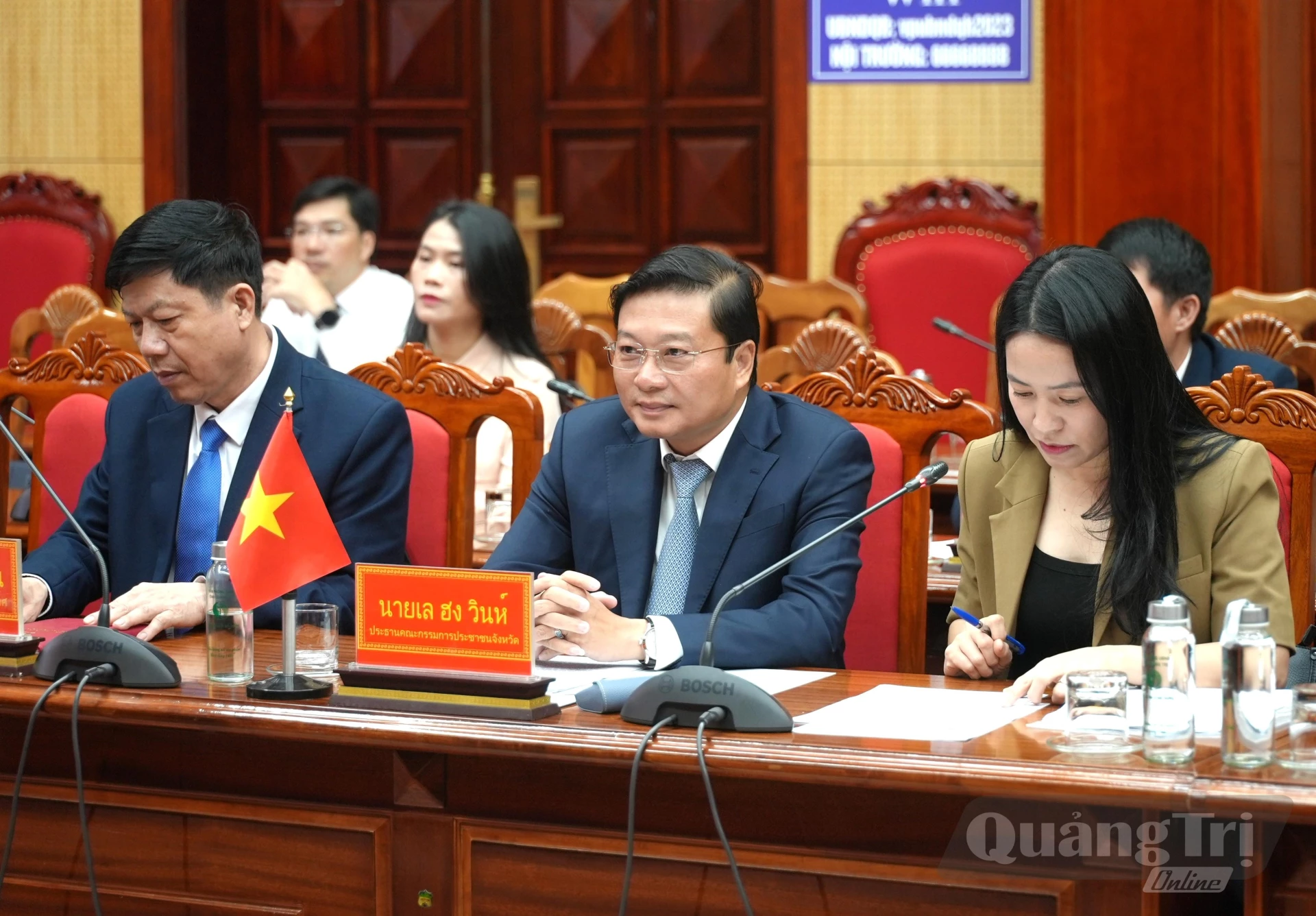 Đồng chí Lê Hồng Vinh, Phó Bí thư Tỉnh ủy, Chủ tịch UBND tỉnh Quảng Trị chủ trì buổi làm việc với Đoàn Đại biểu cấp cao tỉnh Ubon Ratchathani, Vương quốc Thái Lan - Ảnh: T.Đ