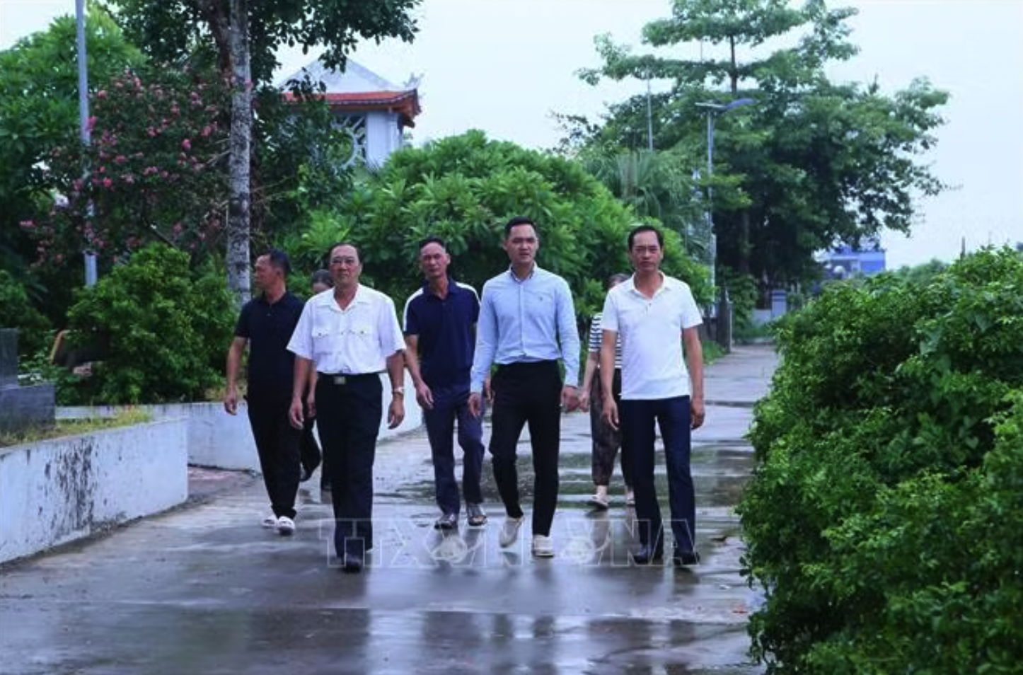 Đại diện Tổ dân phố Đỗ Xá, phường Vị Khê đi kiểm tra tuyến đường nông thôn mới.