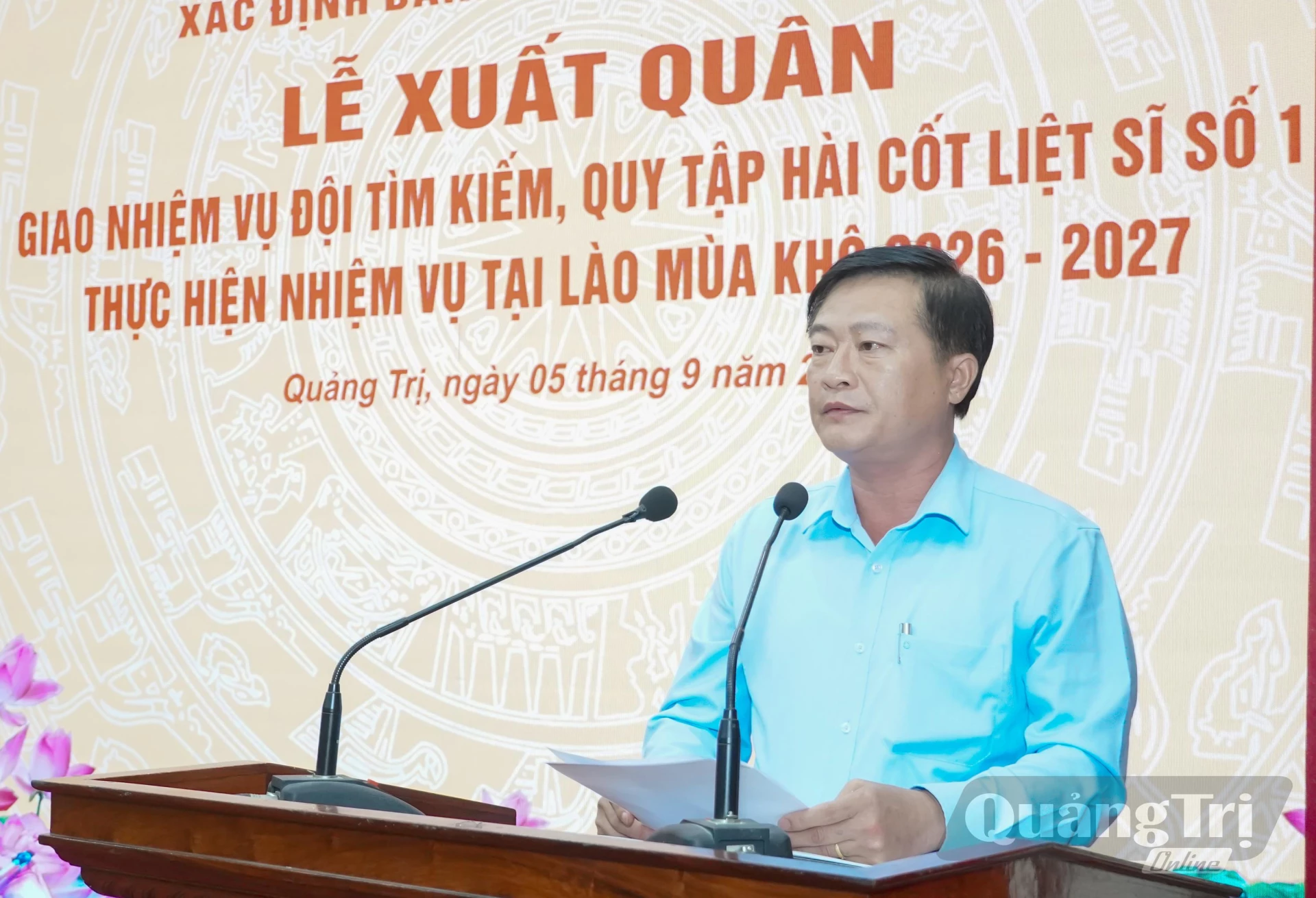 Chỉ huy Đội tìm kiếm, quy tập hài cốt liệt sĩ số 1 phát biểu tại buổi lễ - Ảnh: N.H