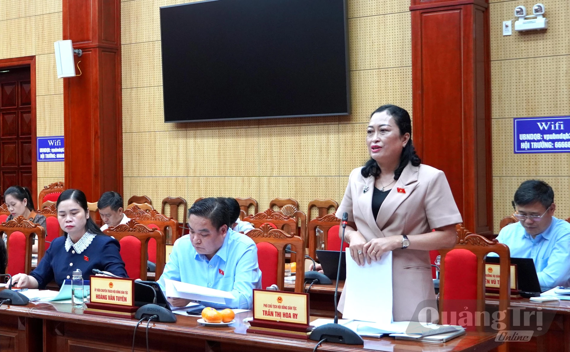 Đồng chí Trần Thị Hoa Ry, Phó Chủ tịch Hội đồng Dân tộc, thành viên Đoàn Giám sát phát biểu tại buổi làm việc - Ảnh: H.Tr