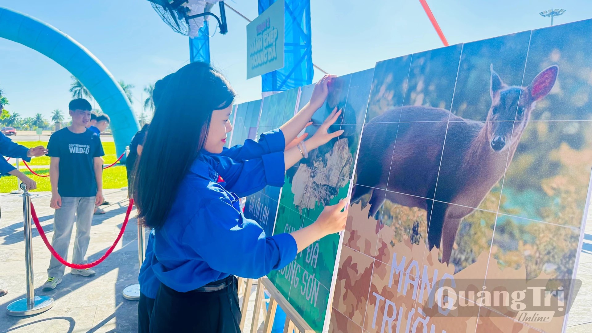 Đoàn viên thanh niên tham quan triển lãm ảnh về động vật hoang dã và tham gia các trò chơi nhận diện loài, ghép các bộ phận động vật. - Ảnh: B.N