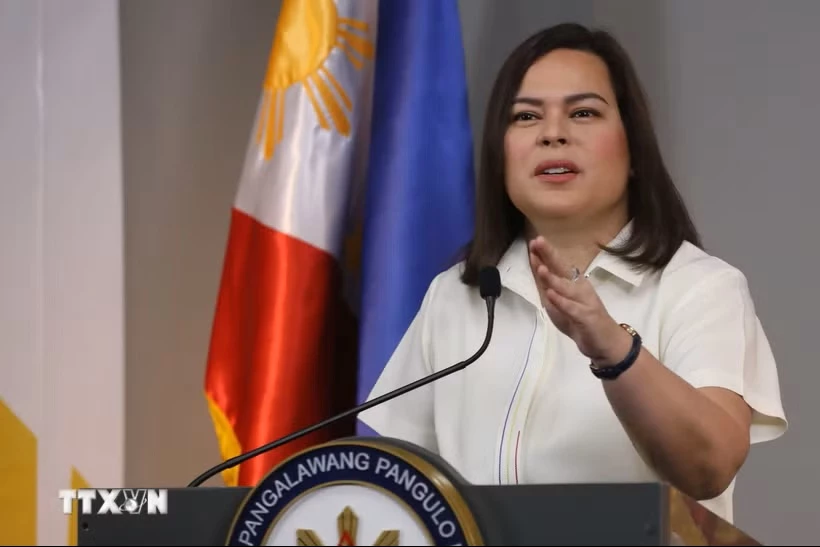 (Tư liệu) Phó Tổng thống Philippines Sara Duterte phát biểu tại cuộc họp báo ở Mandaluyong. (Ảnh: THX/TTXVN phát)