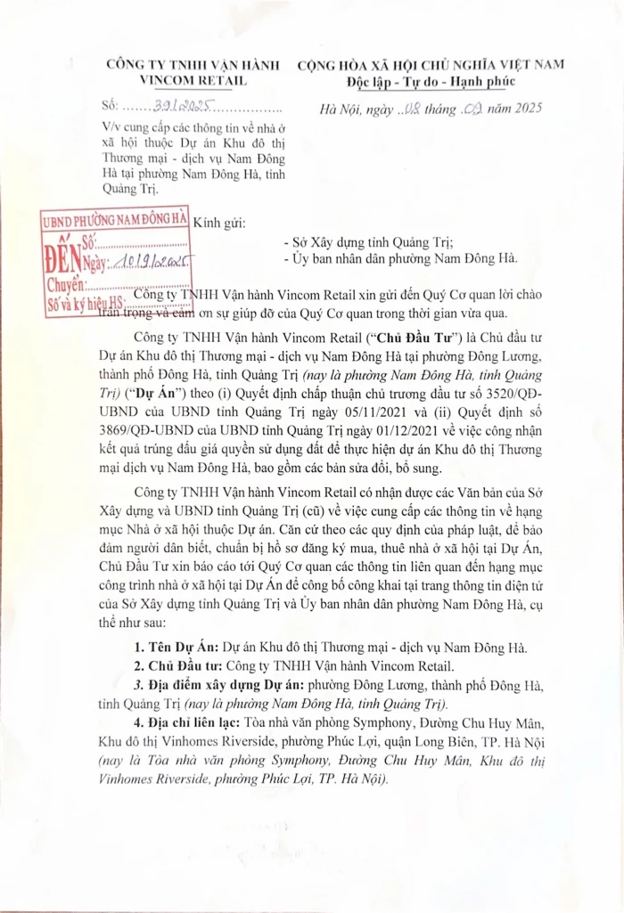 Thông tin về nhà ở xã hội thuộc Dự án Khu đô thị Thương mại - dịch vụ Nam Đông Hà tại phường Nam Đông Hà, tỉnh Quảng Trị
