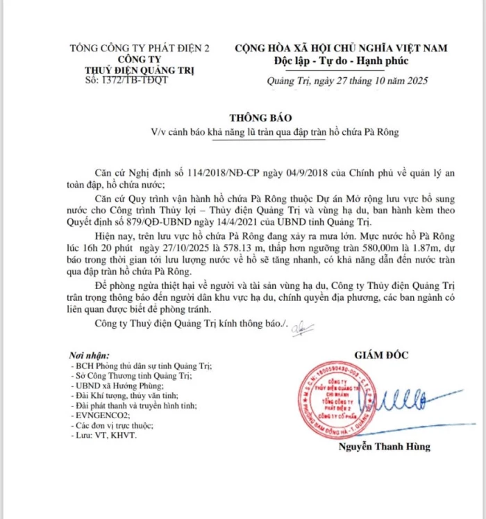 Cảnh báo khả năng lũ tràn qua đập tràn hồ chứa Pà Rông