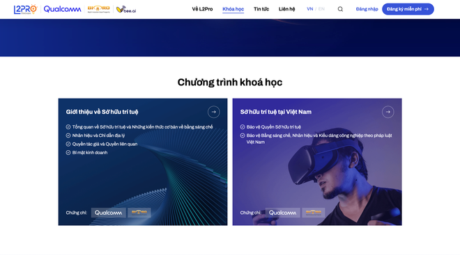 Giao diện nền tảng đào tạo sở hữu trí tuệ trực tuyến phi lợi nhuận của L2Pro Việt Nam. (Ảnh chụp màn hình)
